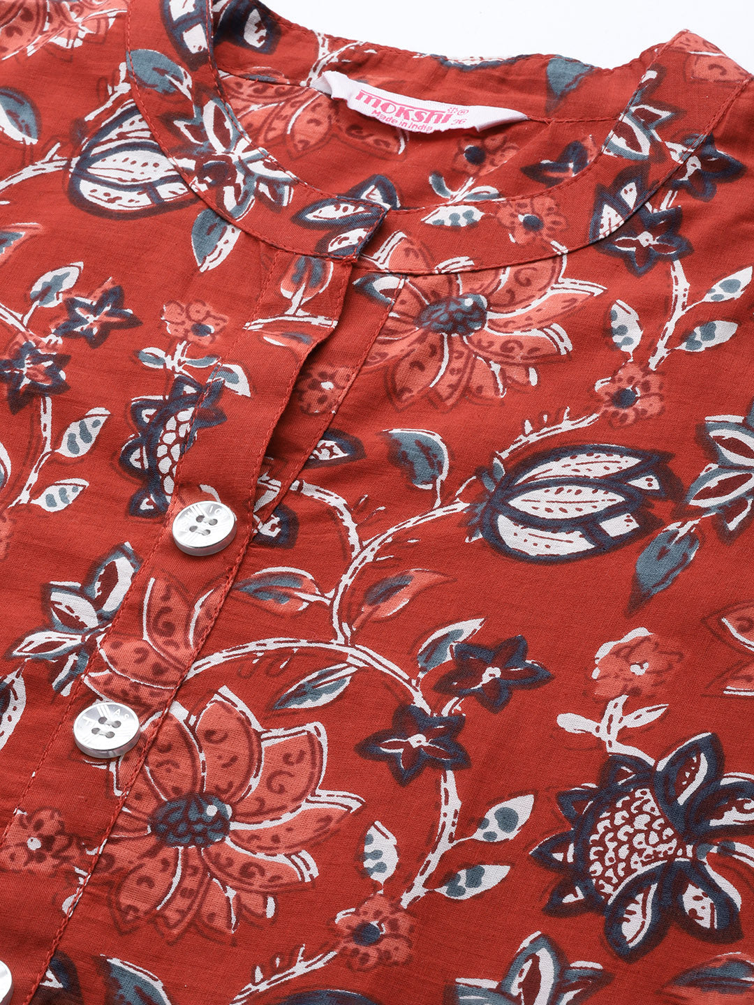 Floral Print Pure Cotton Calf Length Mandarin Collar Kurta Set - Image 4