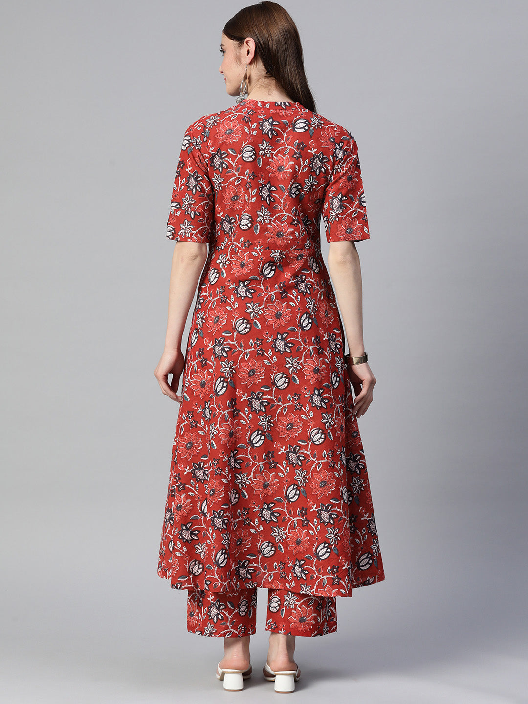 Floral Print Pure Cotton Calf Length Mandarin Collar Kurta Set - Image 3