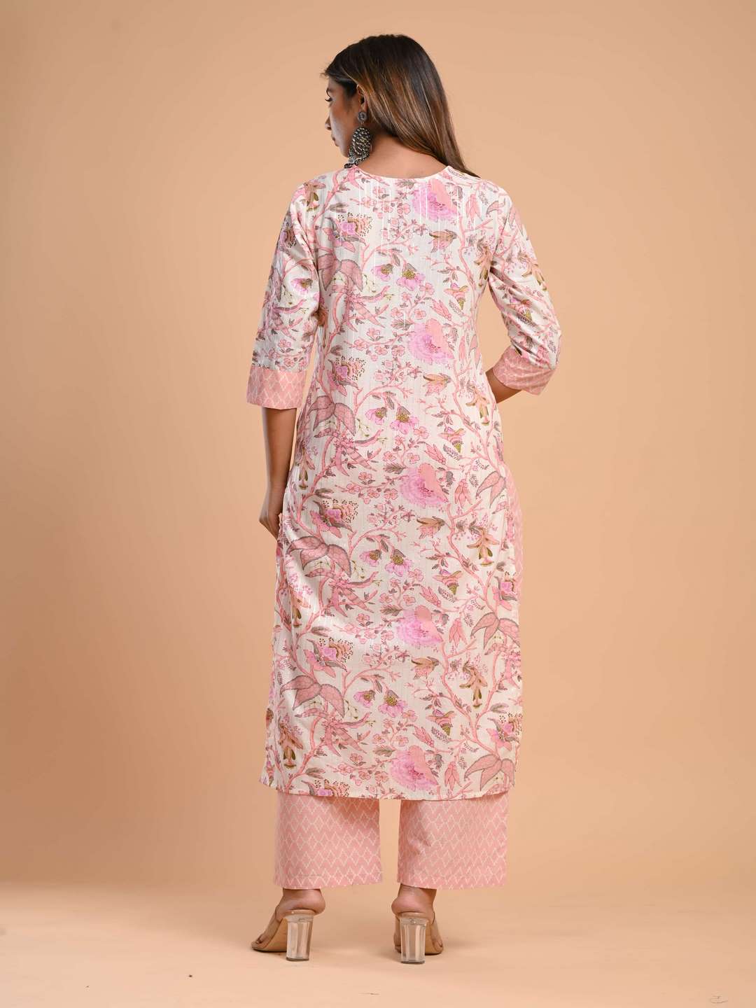 Pure Cotton Round Neck 3/4 Sleeve Floral Print Kurta Set - Image 2