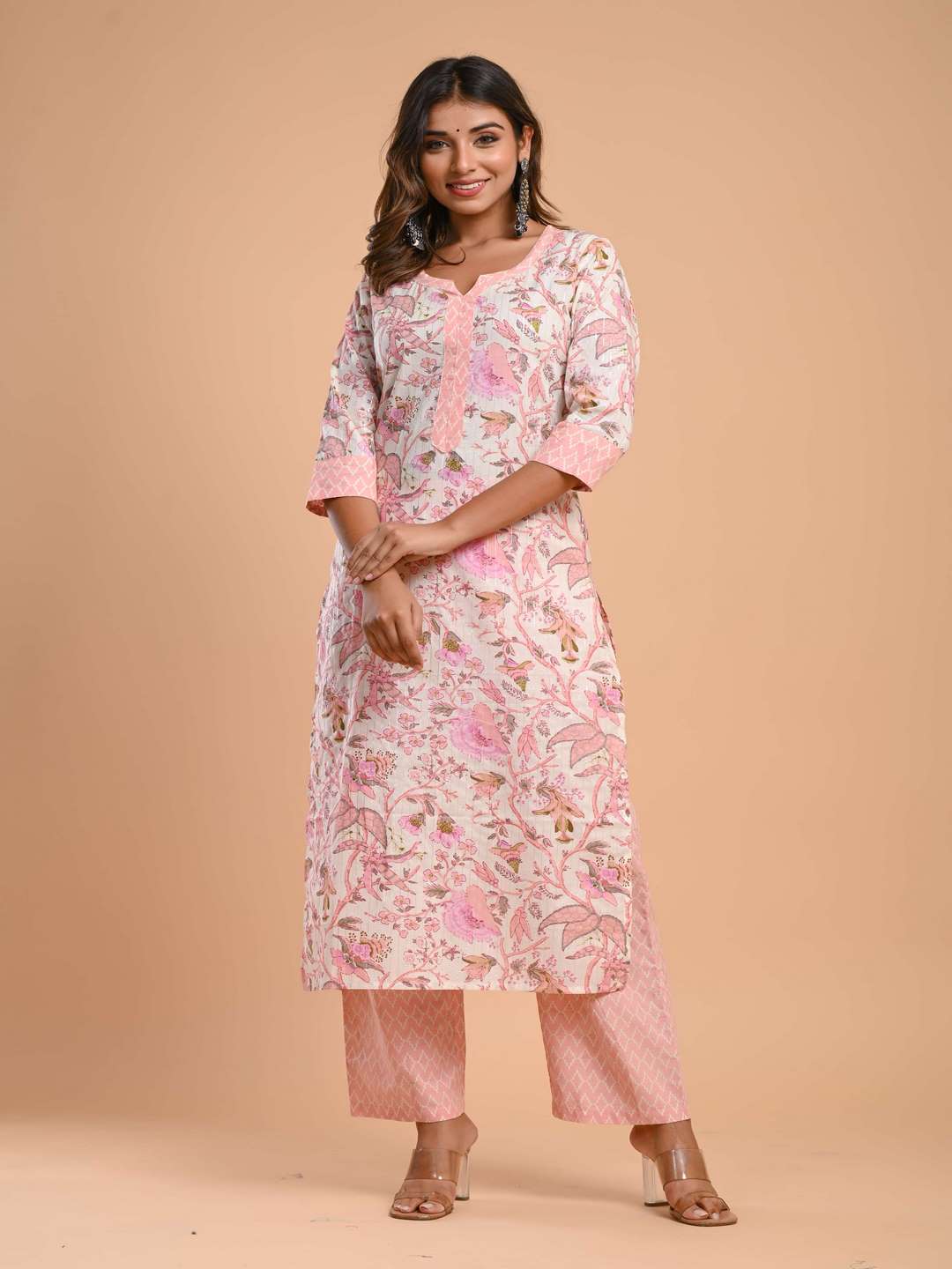 Pure Cotton Round Neck 3/4 Sleeve Floral Print Kurta Set - Image 3