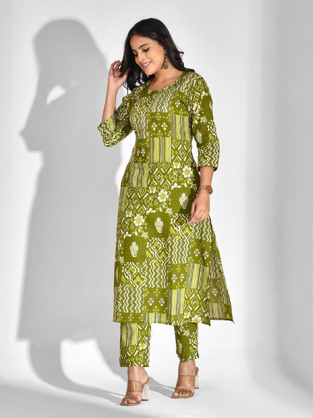 Printed Pure Cotton 3/4 Sleeve Kurta And Trouser Set - Image 3