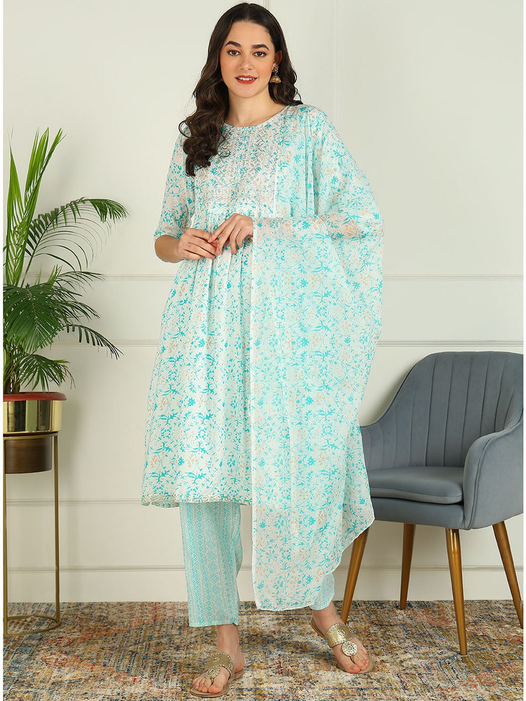 Printed Viscose Rayon 3/4 Sleeve Kurta And Palazzo Set With Dupatta - Image 5