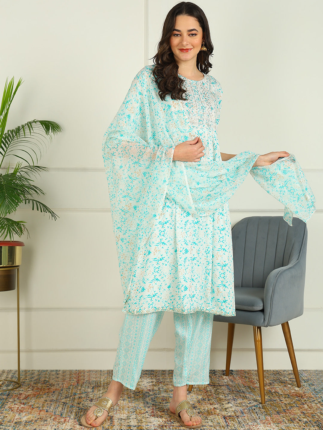 Printed Viscose Rayon 3/4 Sleeve Kurta And Palazzo Set With Dupatta - Image 6