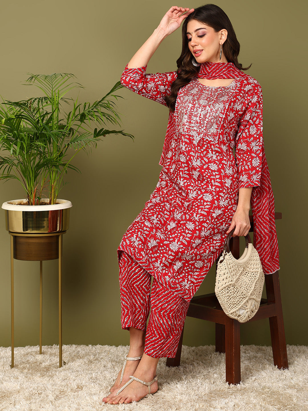 Printed Viscose Rayon 3/4 Sleeve Kurta And Trouser Set With Dupatta - Image 6