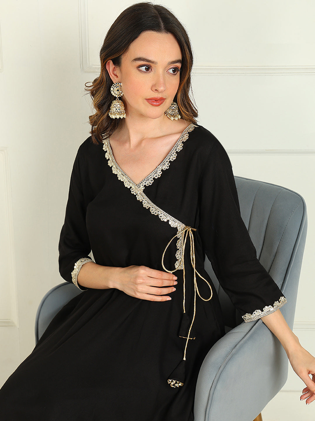 Solid Viscose Rayon 3/4 Sleeve Kurta And Palazzo Set With Dupatta - Image 5