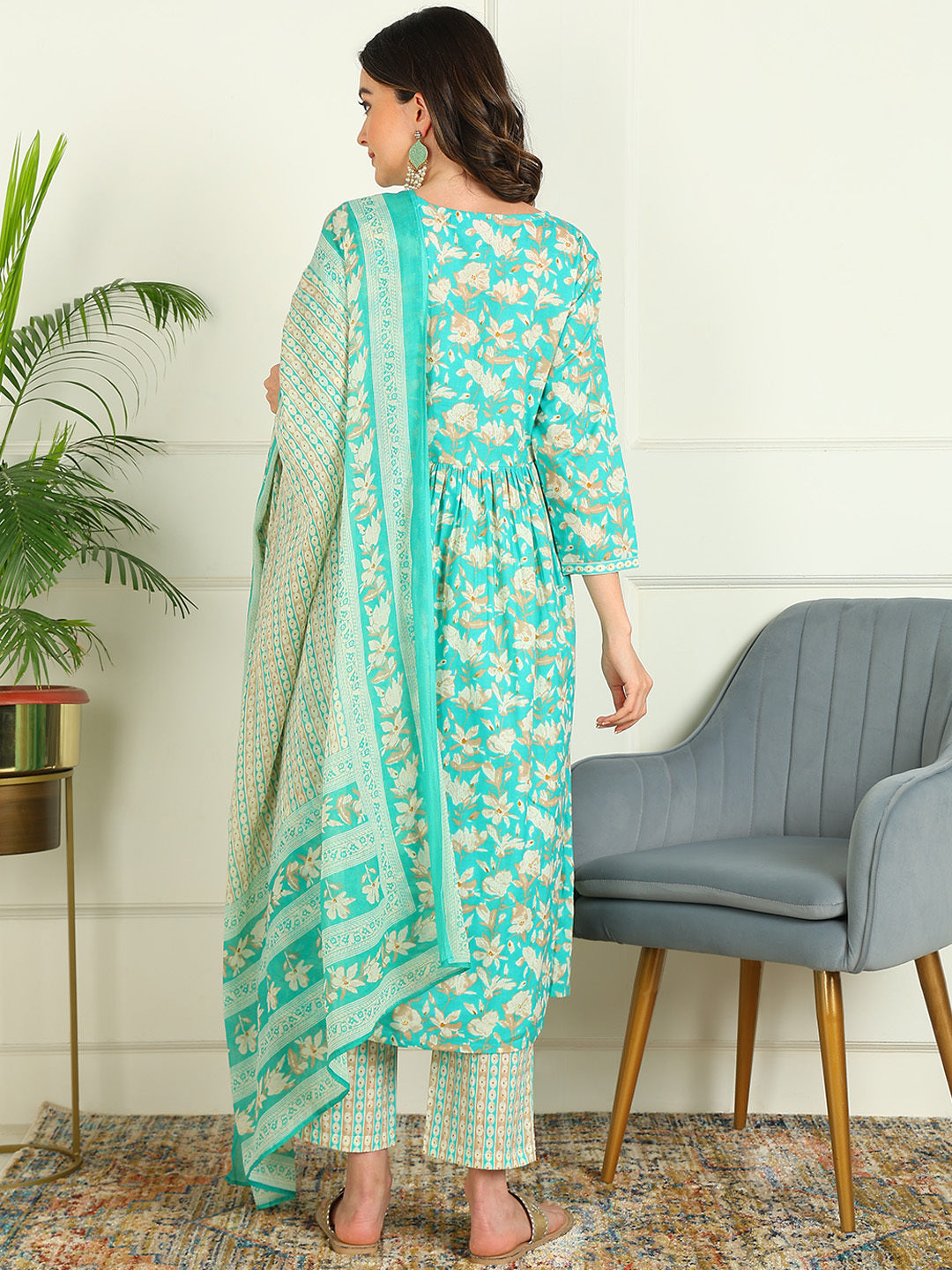 Printed Pure Cotton 3/4 Sleeve Kurta And Trouser Set With Dupatta - Image 2