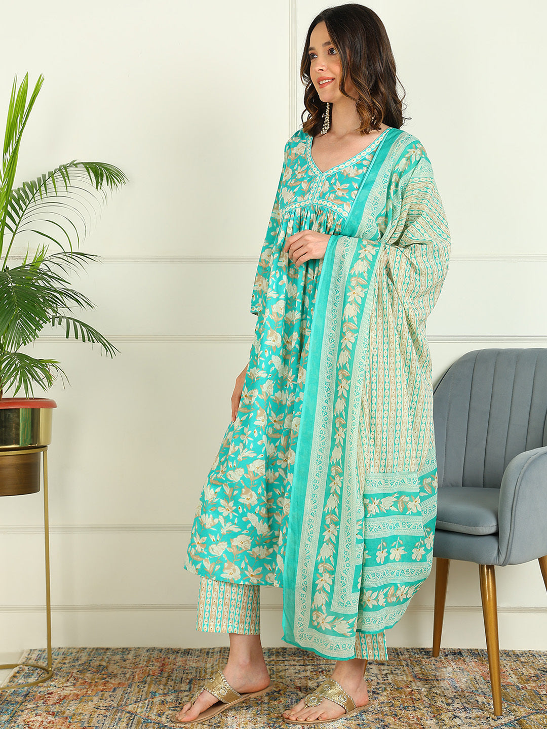 Printed Pure Cotton 3/4 Sleeve Kurta And Trouser Set With Dupatta - Image 3