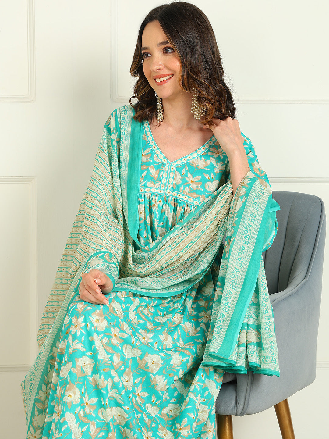 Printed Pure Cotton 3/4 Sleeve Kurta And Trouser Set With Dupatta - Image 4