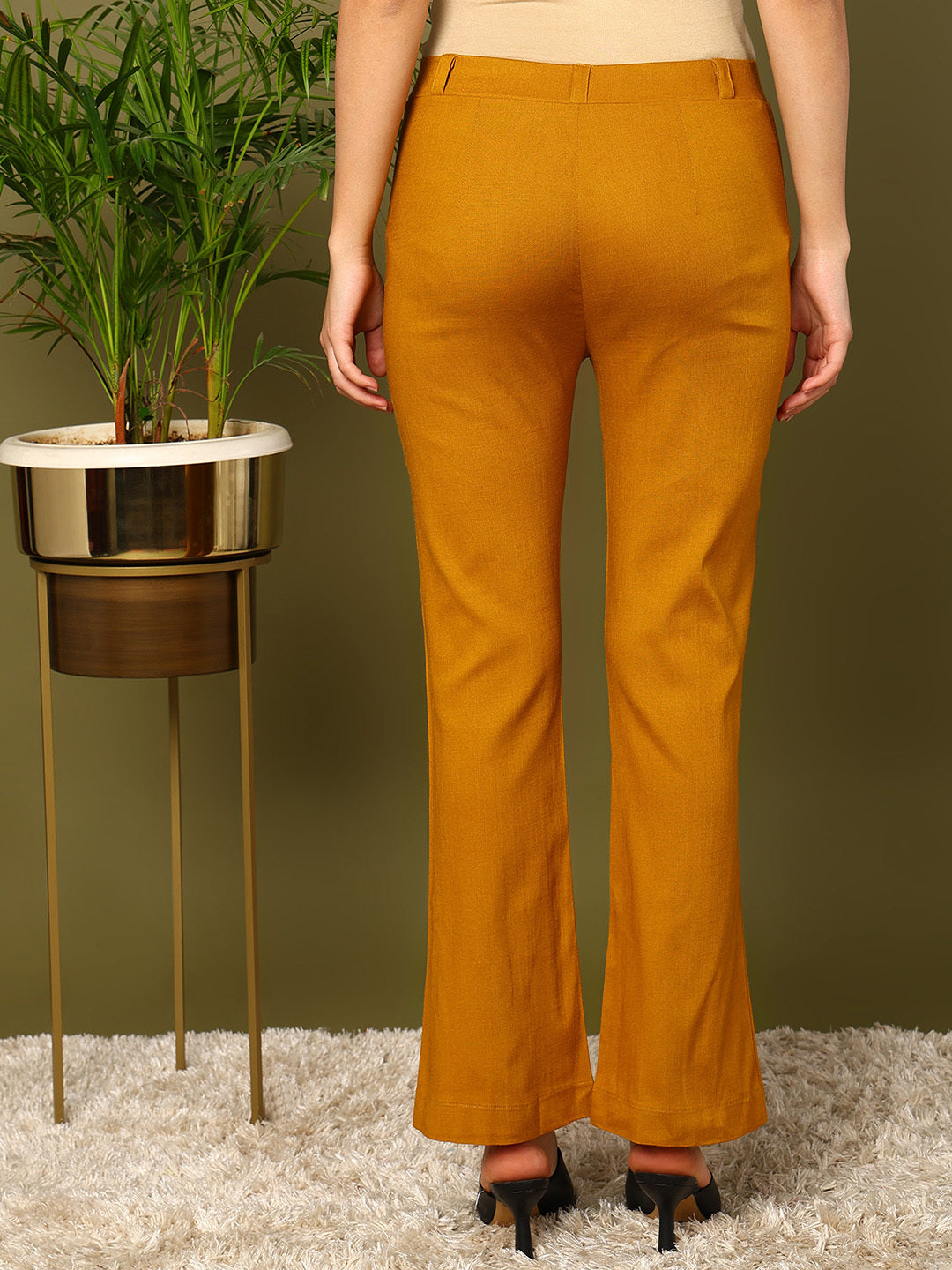 Yellow Lycra Blend Solid Bootcut Trousers - Image 2