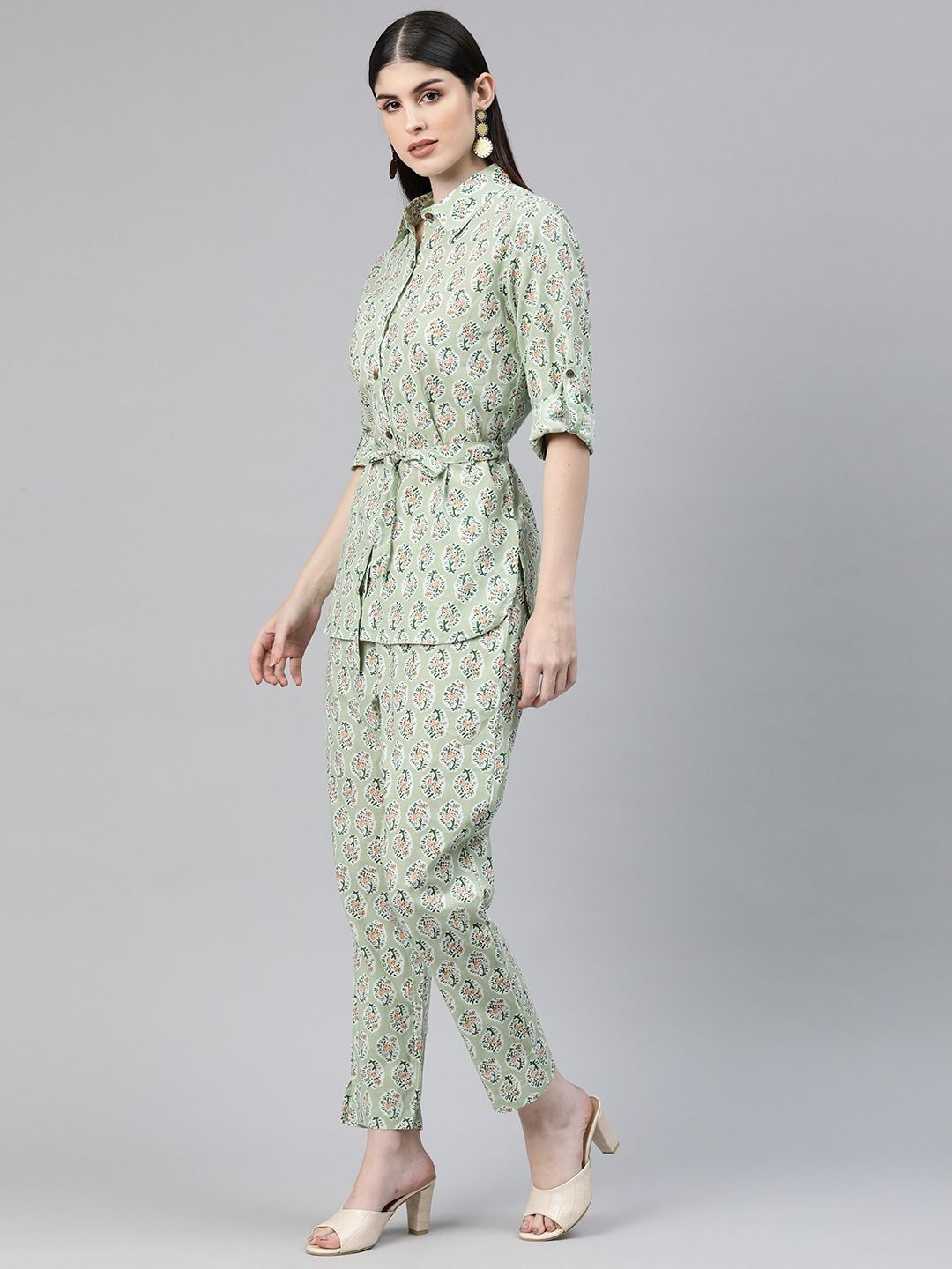 Shirts Style Cotton Fabric Green Color Co-Ord Set - Image 3