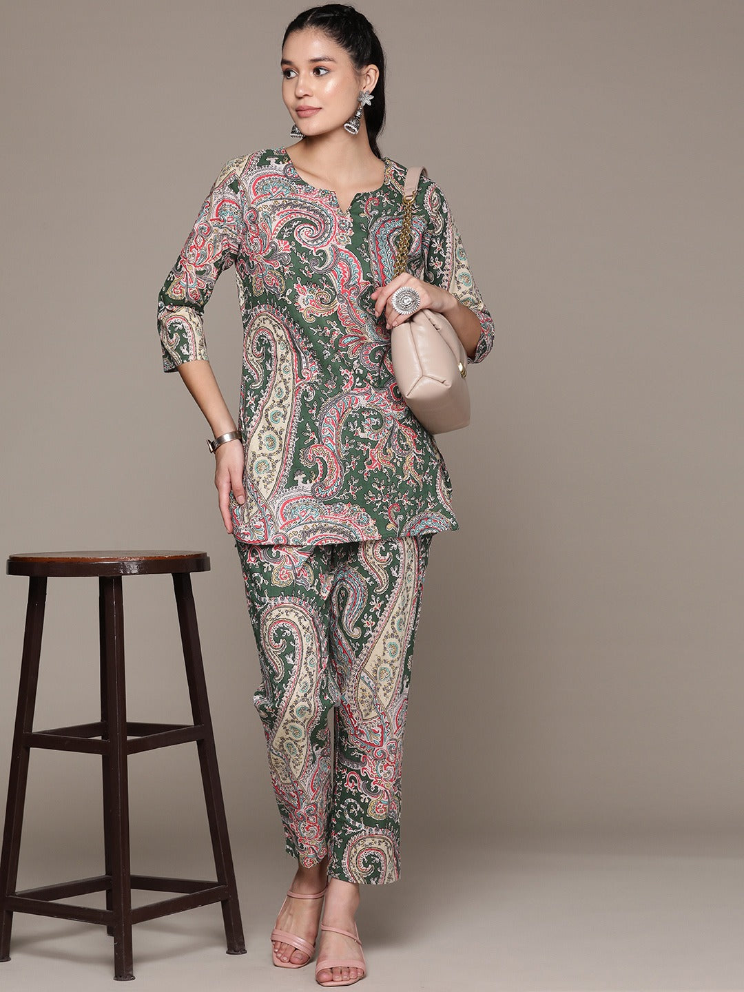 Straight Style Cotton Fabric Green Color Co-Ord Set - Image 2