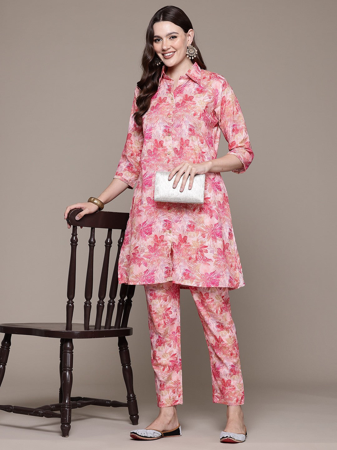 A line style Cotton fabric Pink color Co-ord set - Image 2