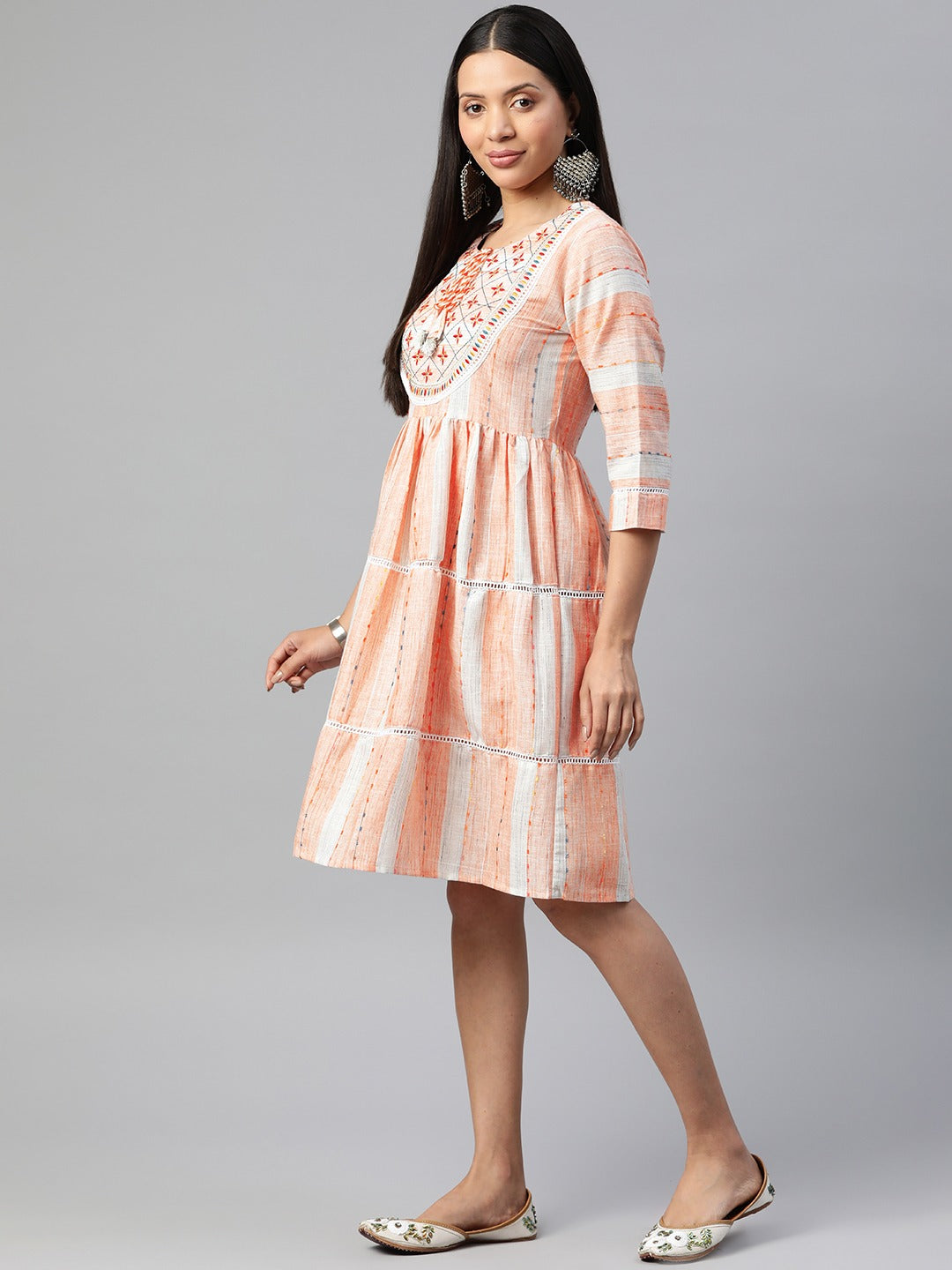 Orange Color Cotton Fabric Tiered Dress - Image 2