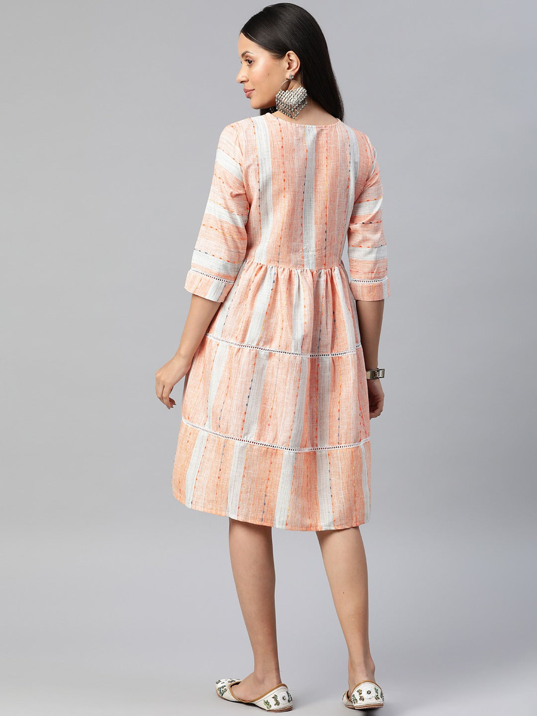 Orange Color Cotton Fabric Tiered Dress - Image 3