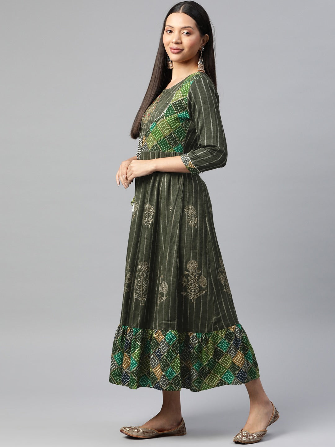 Green Color Rayon Fabric Panelled Gown - Image 2