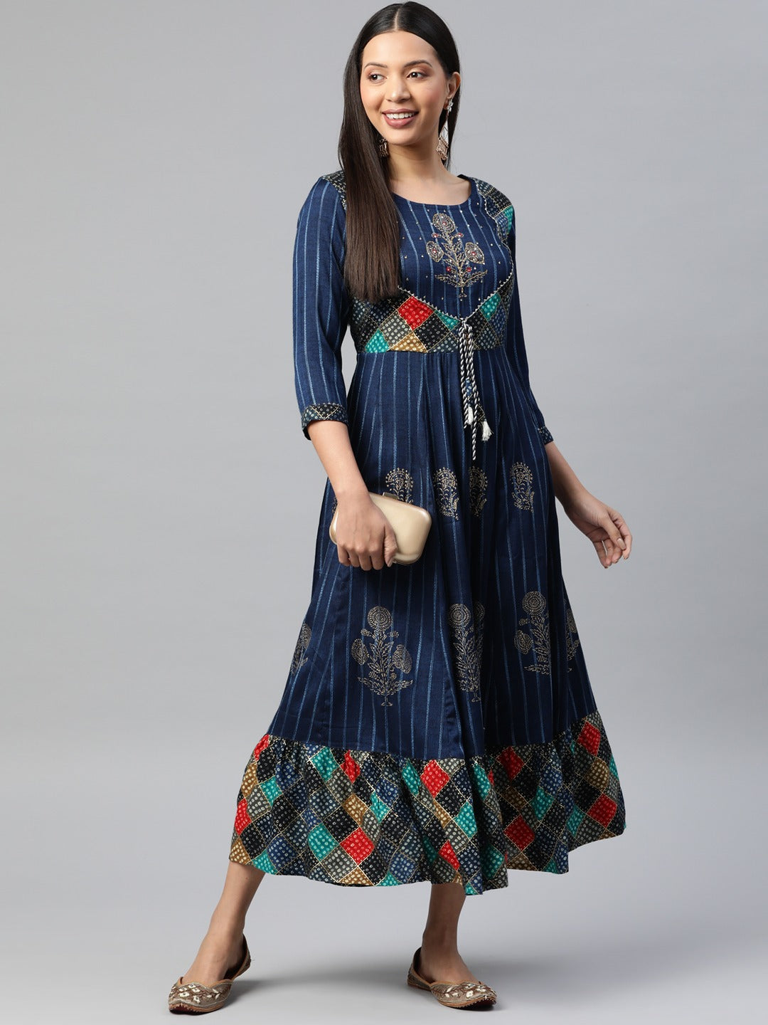 Navy Blue Color Rayon Fabric Panelled Gown