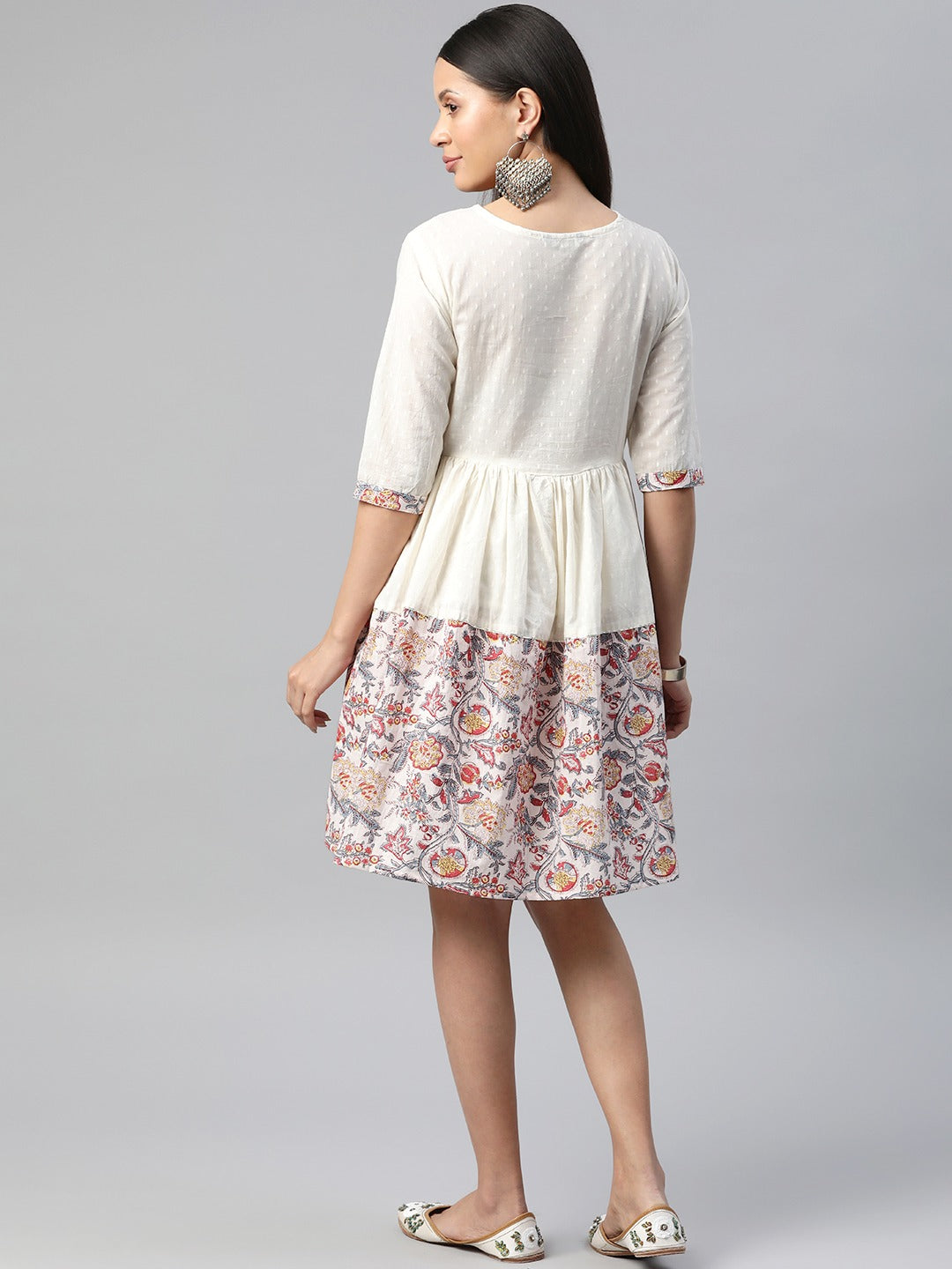 White Color Cotton Fabric Tiered Dress - Image 3