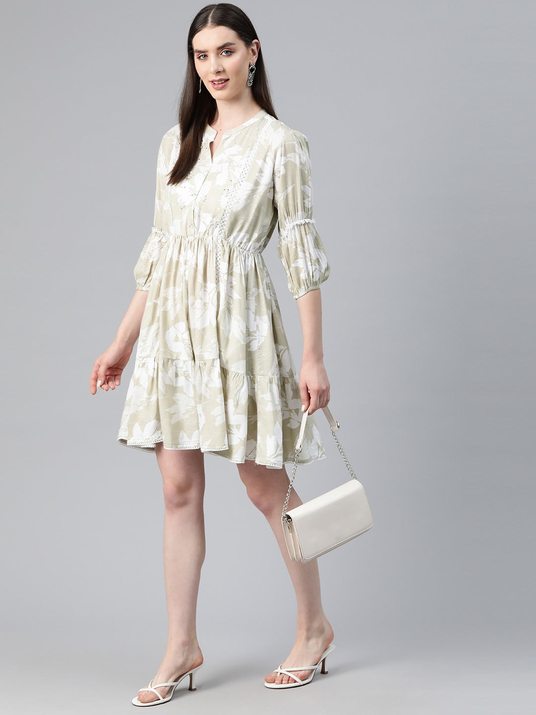 Beige Color Cotton Fabric Tiered Dress - Image 3