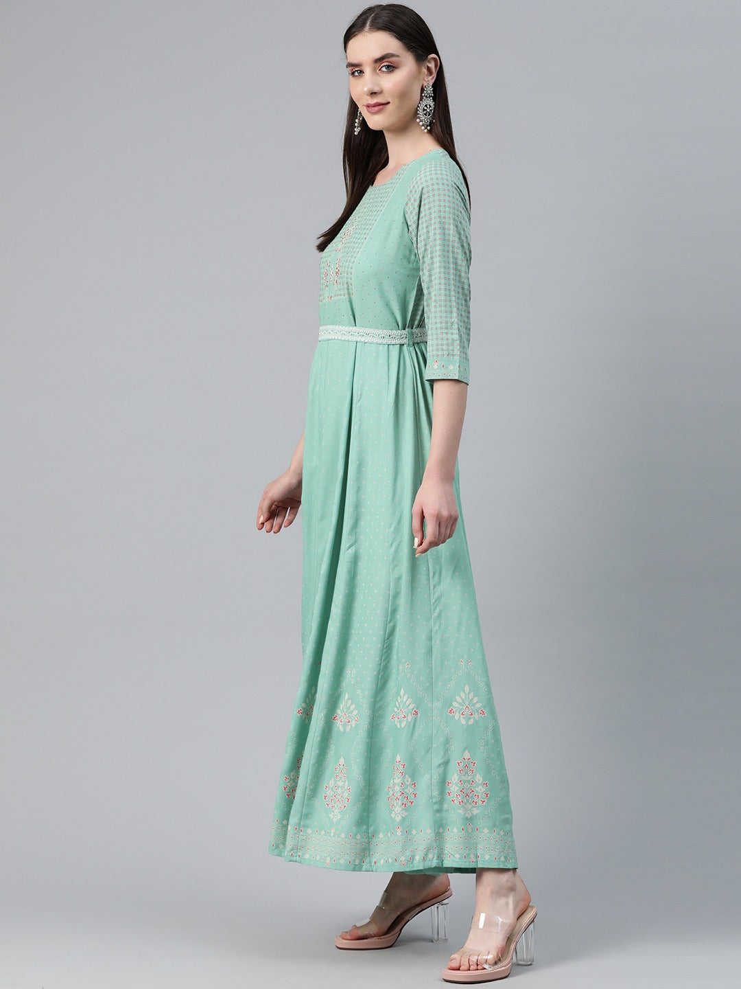 Green Color Rayon Fabric Panelled Dress - Image 2