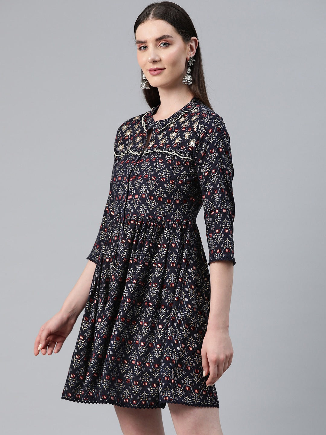 Navy Blue Color Rayon Fabric Gathered Dress
