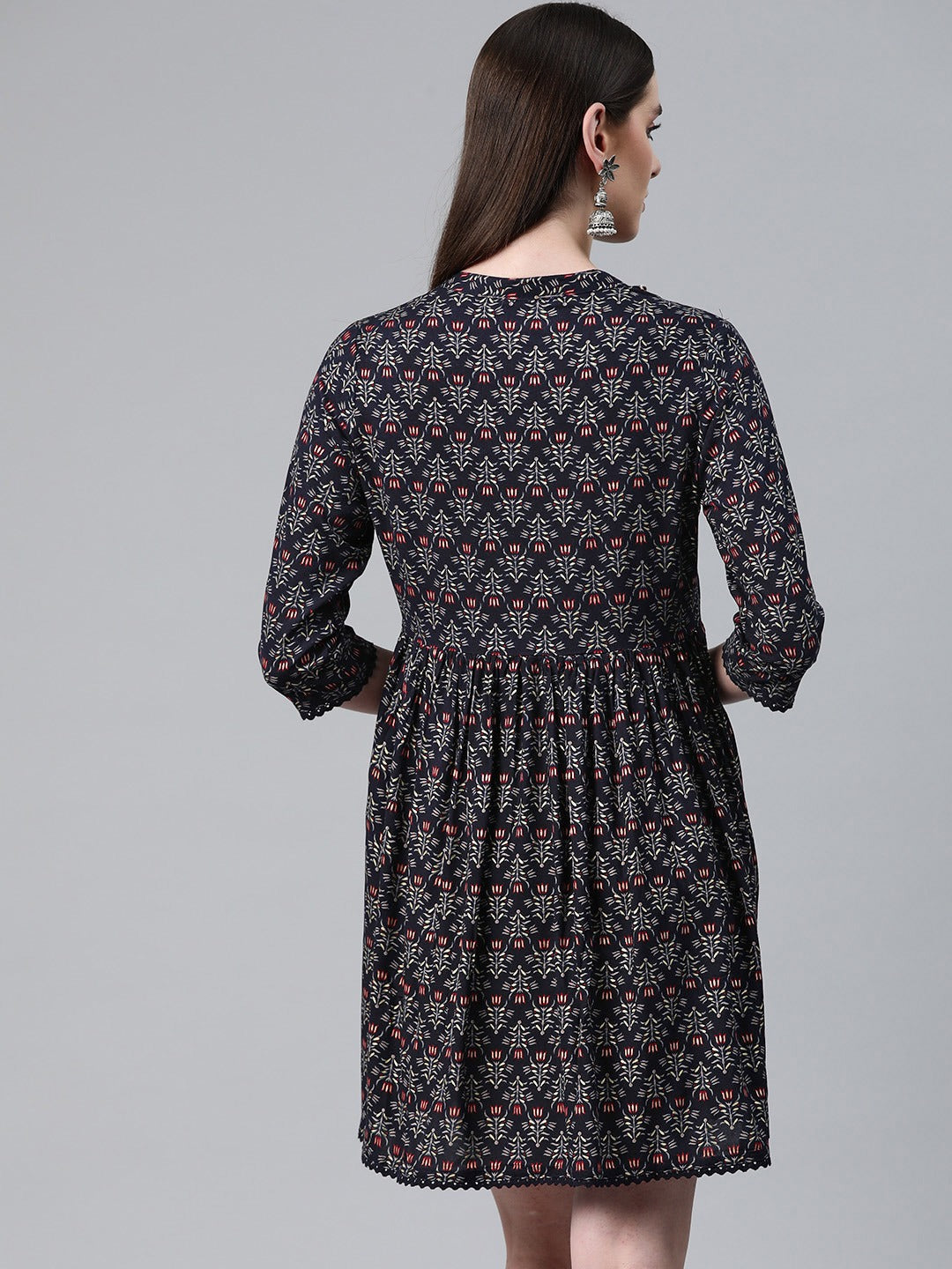 Navy Blue Color Rayon Fabric Gathered Dress - Image 2