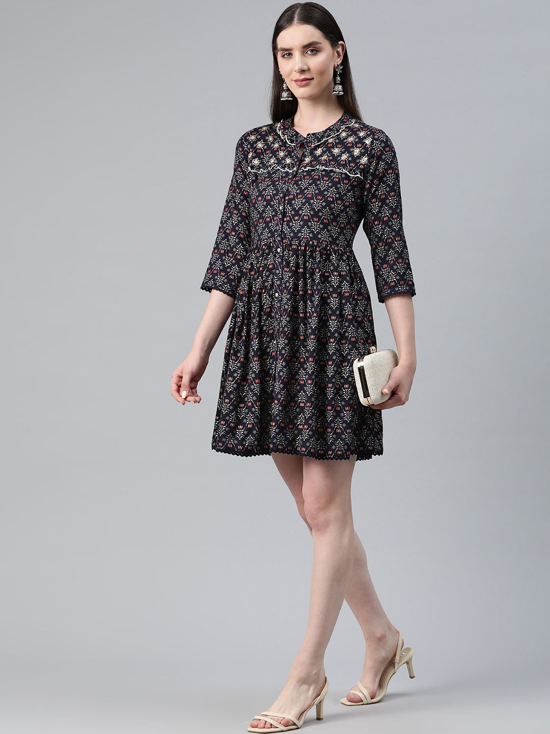 Navy Blue Color Rayon Fabric Gathered Dress - Image 3
