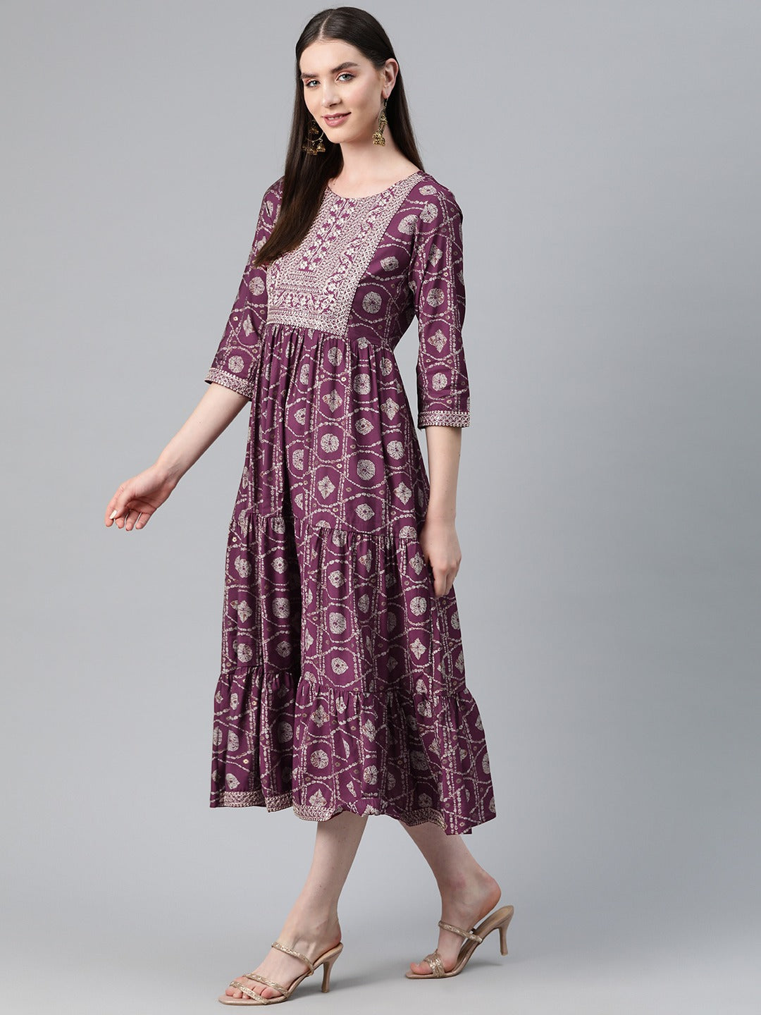 Maroon Color Art Silk Fabric Tiered Dress - Image 2
