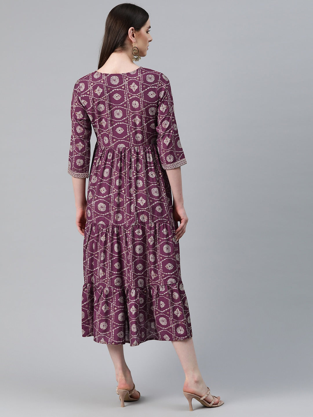 Maroon Color Art Silk Fabric Tiered Dress - Image 3