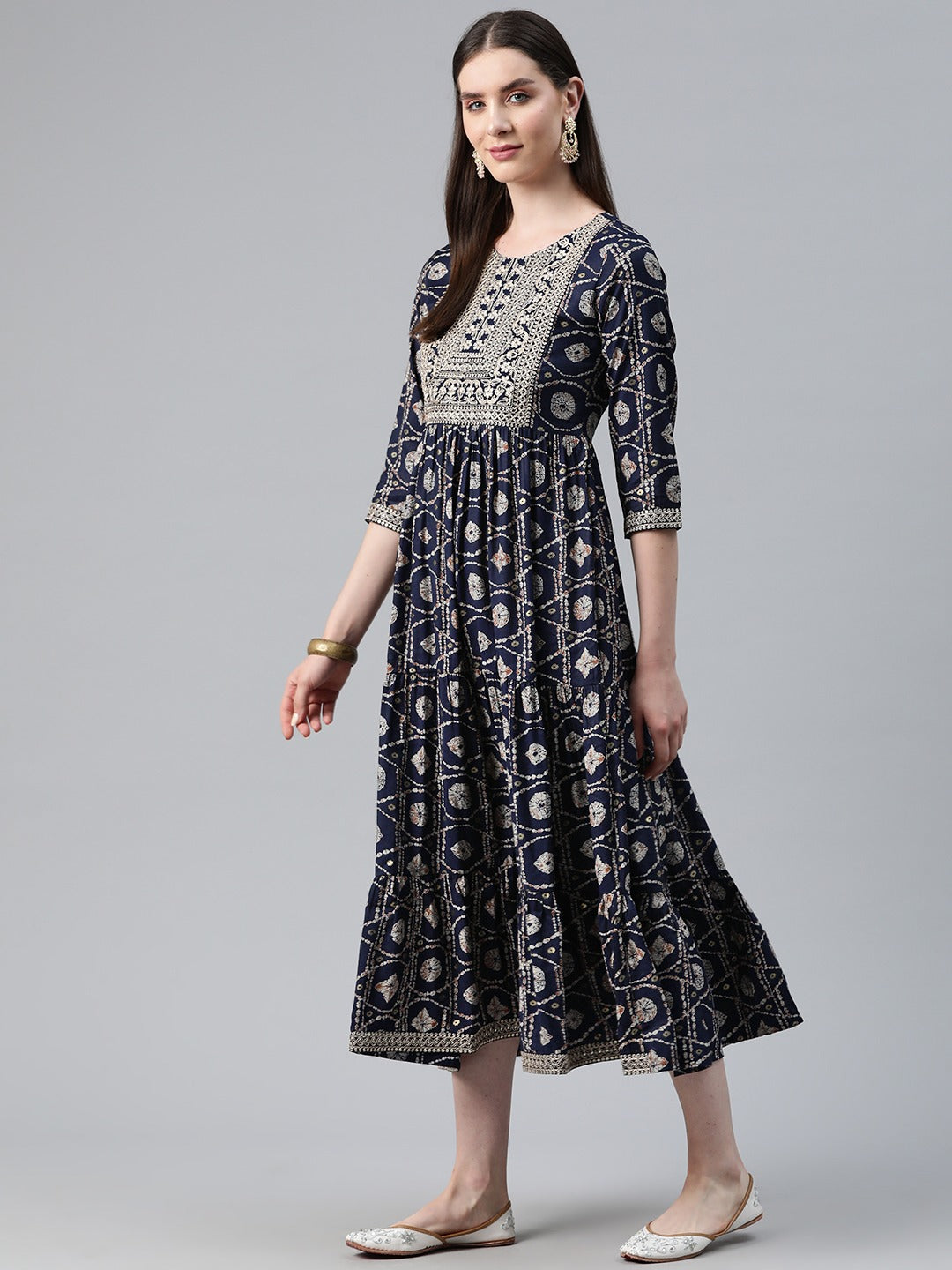 Navy Blue Color Art Silk Fabric Tiered Dress - Image 2