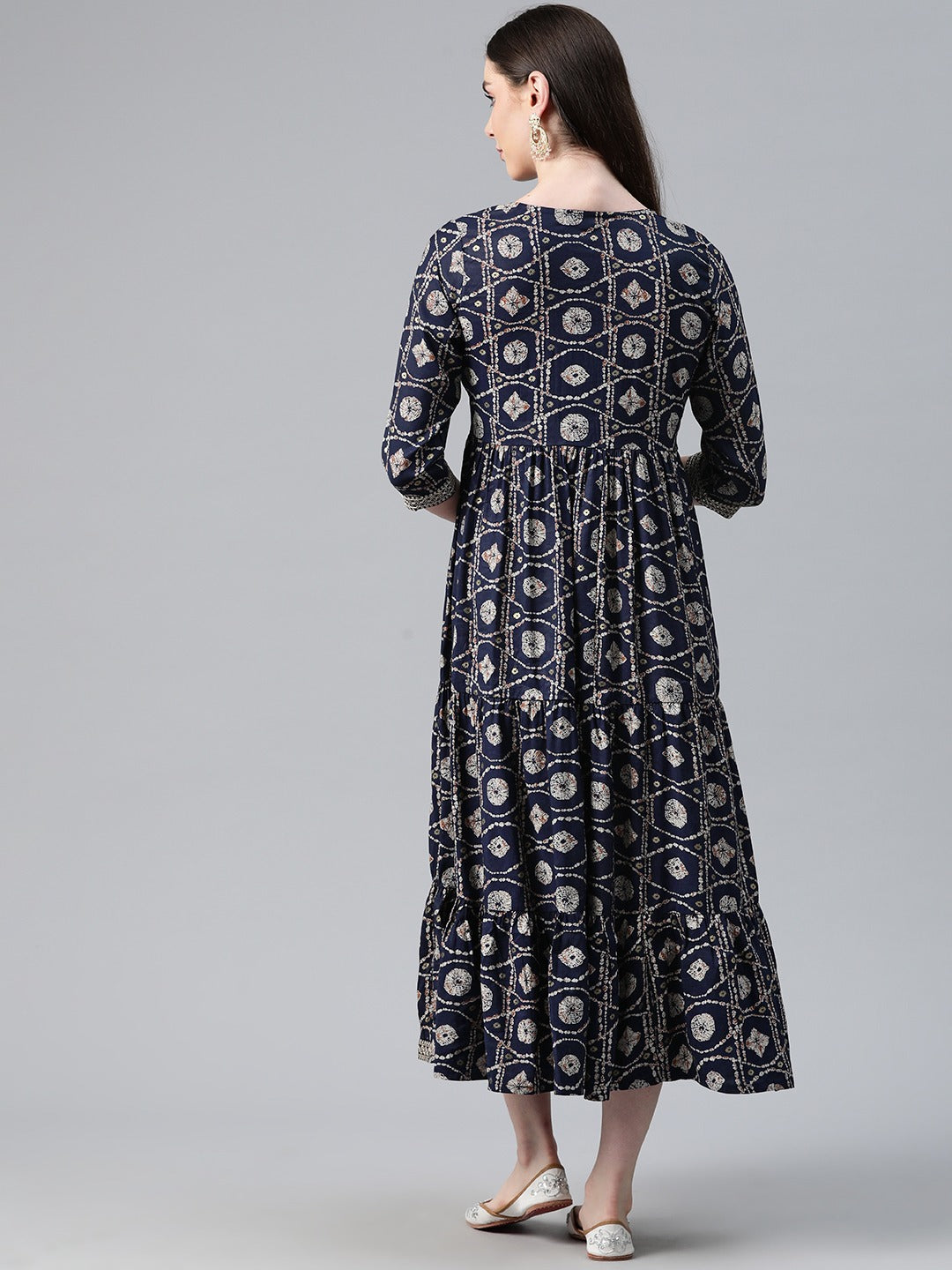 Navy Blue Color Art Silk Fabric Tiered Dress - Image 3