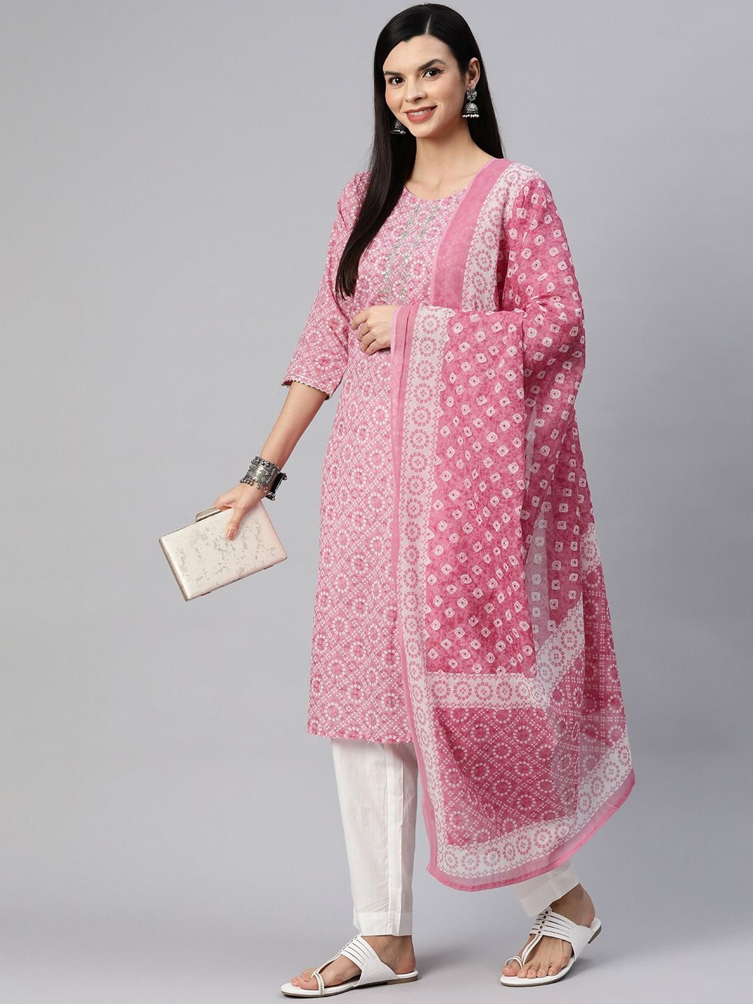Straight Style Cotton Fabric Pink Color Kurta With Bottom With Dupatta - Image 3