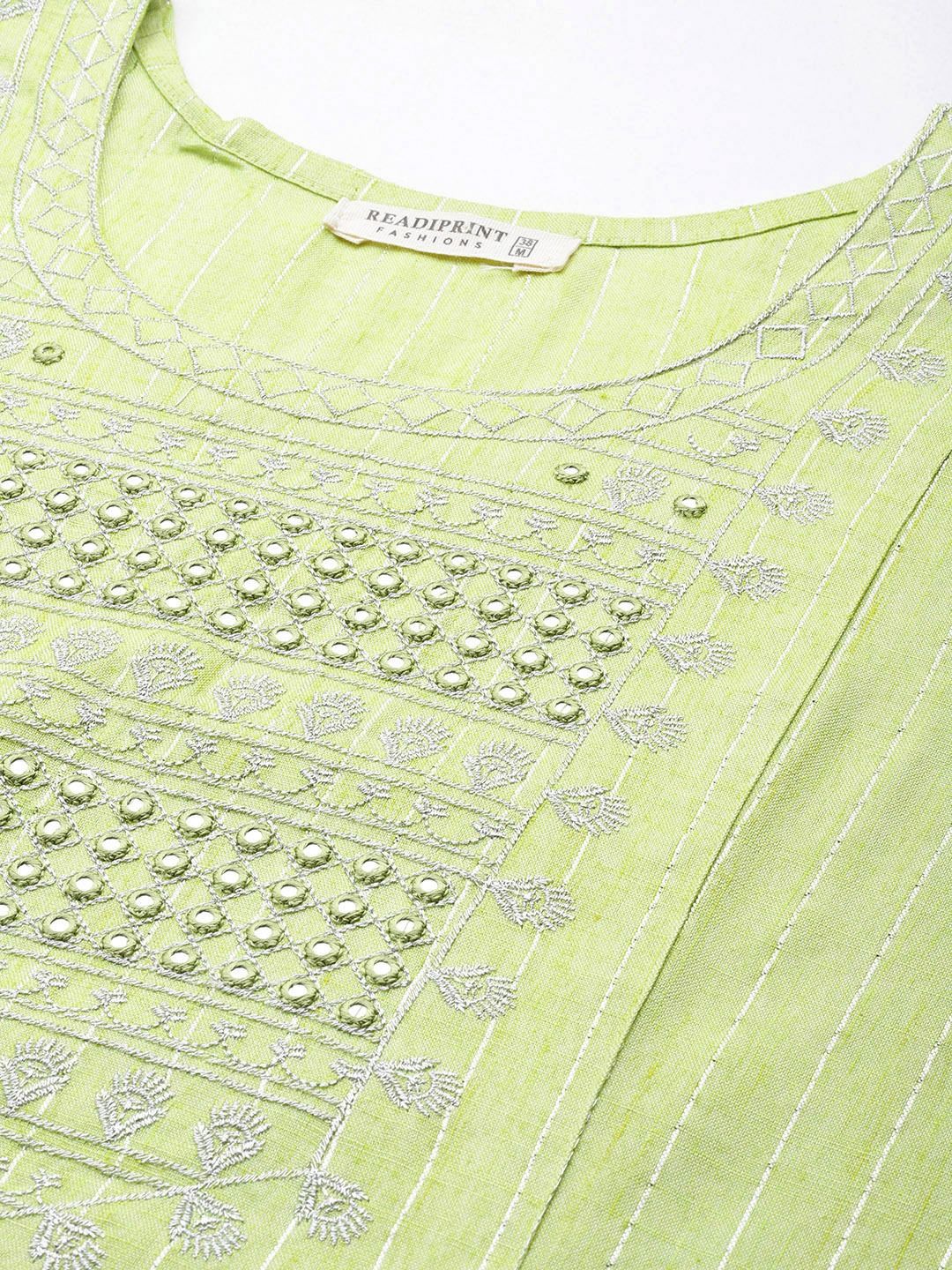 Straight Style Cotton Blend Fabric Green Color Kurta With Bottom - Image 2