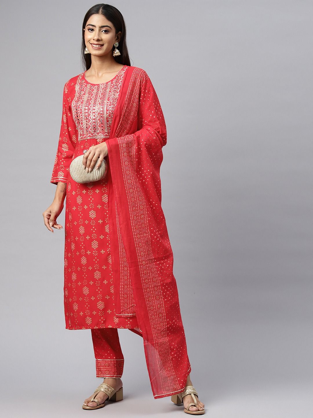 Straight Style Rayon Fabric Red Color Kurta With Bottom - Image 3