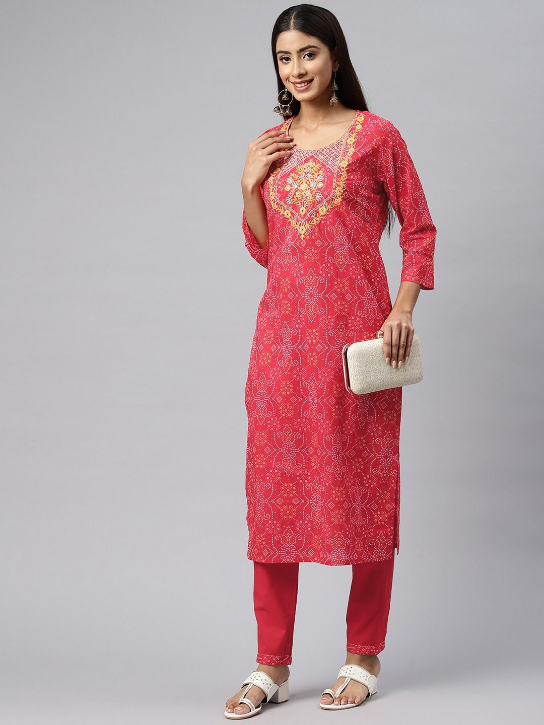 Straight Style Cotton Fabric Red Color Kurta With Bottom - Image 3