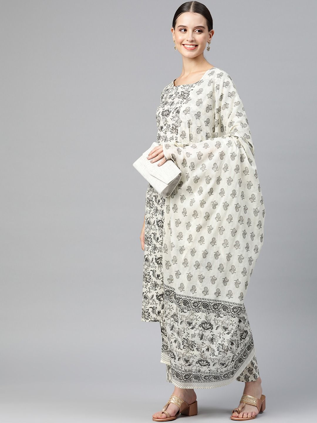 Straight Style Cotton Fabric Black Color Kurta With Bottom & Dupatta - Image 3