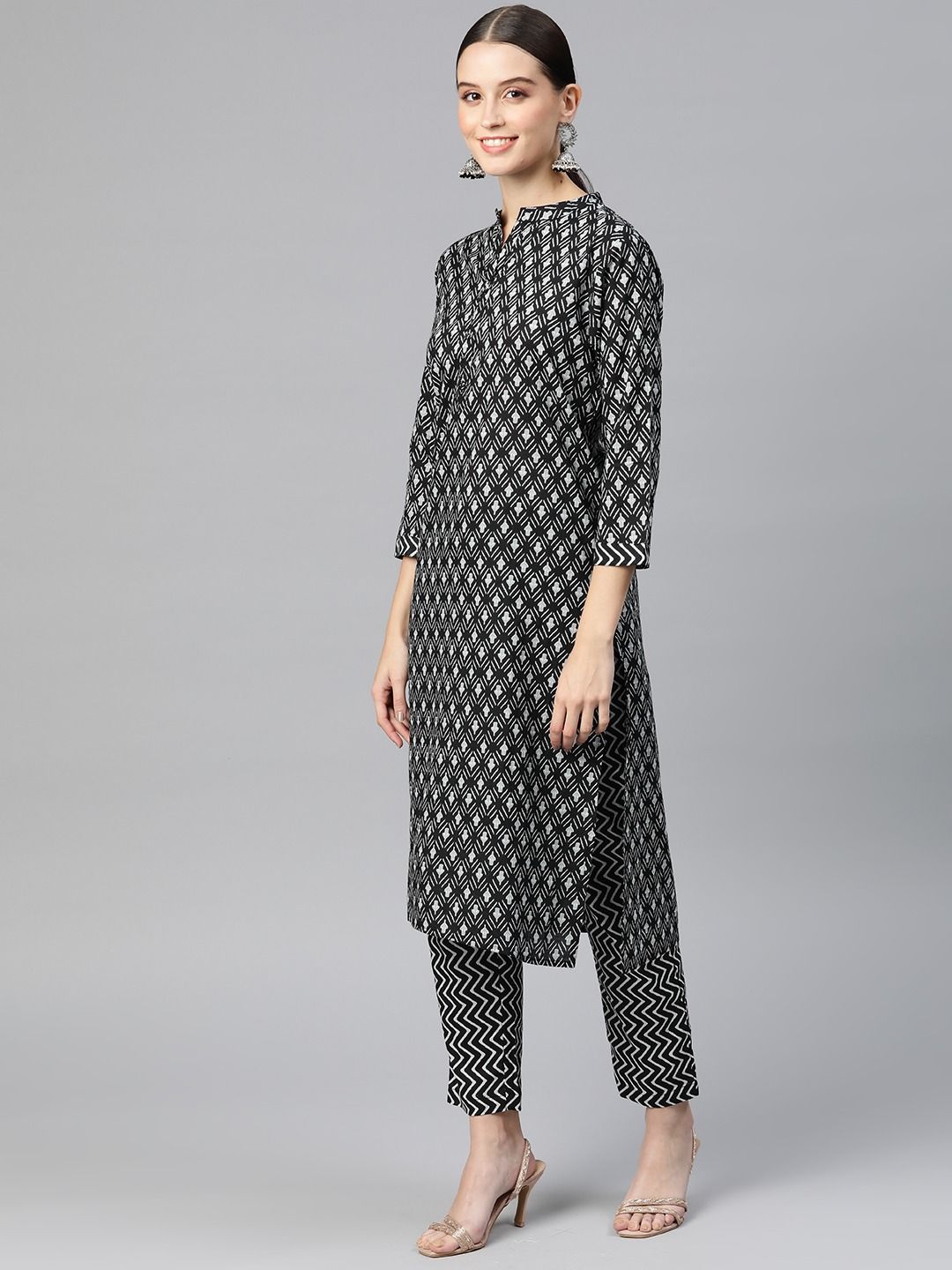 Straight Style Cotton Fabric Black Color Kurta With Bottom & Dupatta - Image 4
