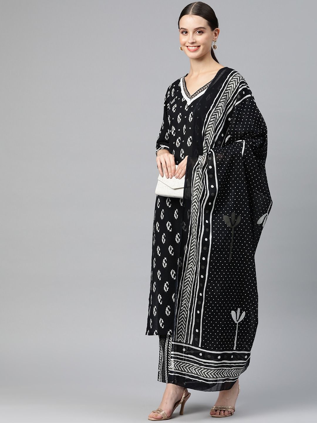Straight Style Cotton Fabric Black Color Kurta And Palazzo With Dupatta - Image 3