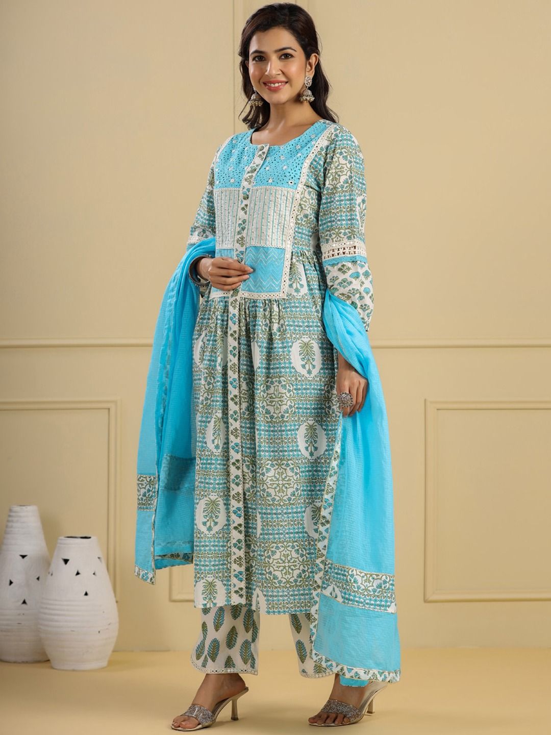 Flared Style Cotton Fabric Blue Color Kurti And Bottom With Dupatta - Image 2