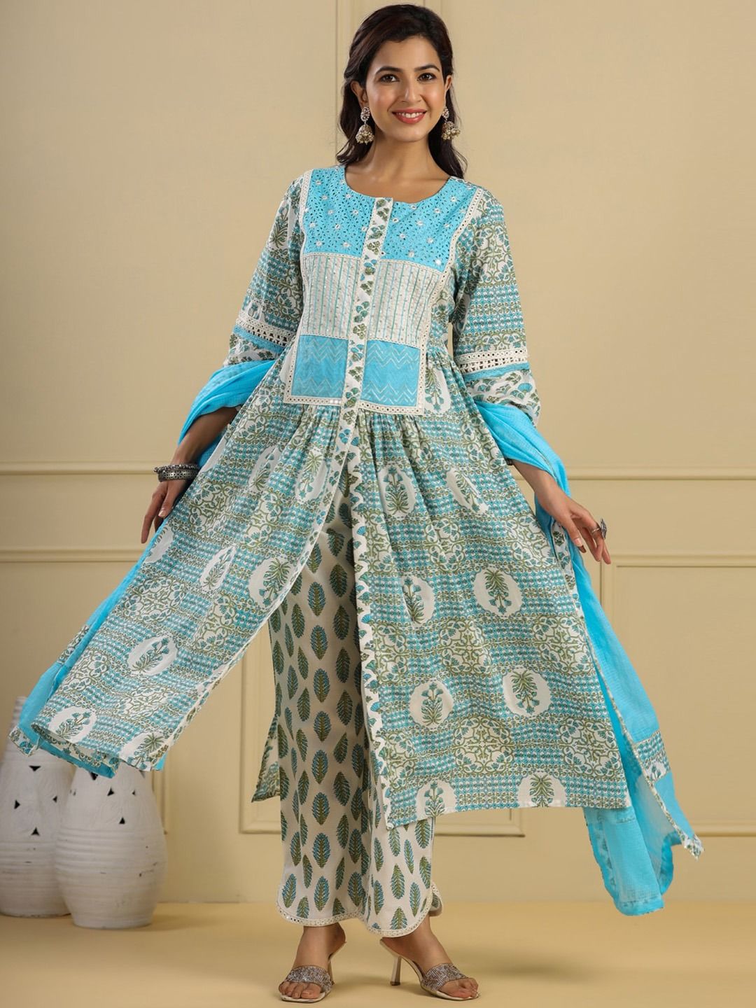 Flared Style Cotton Fabric Blue Color Kurti And Bottom With Dupatta - Image 3