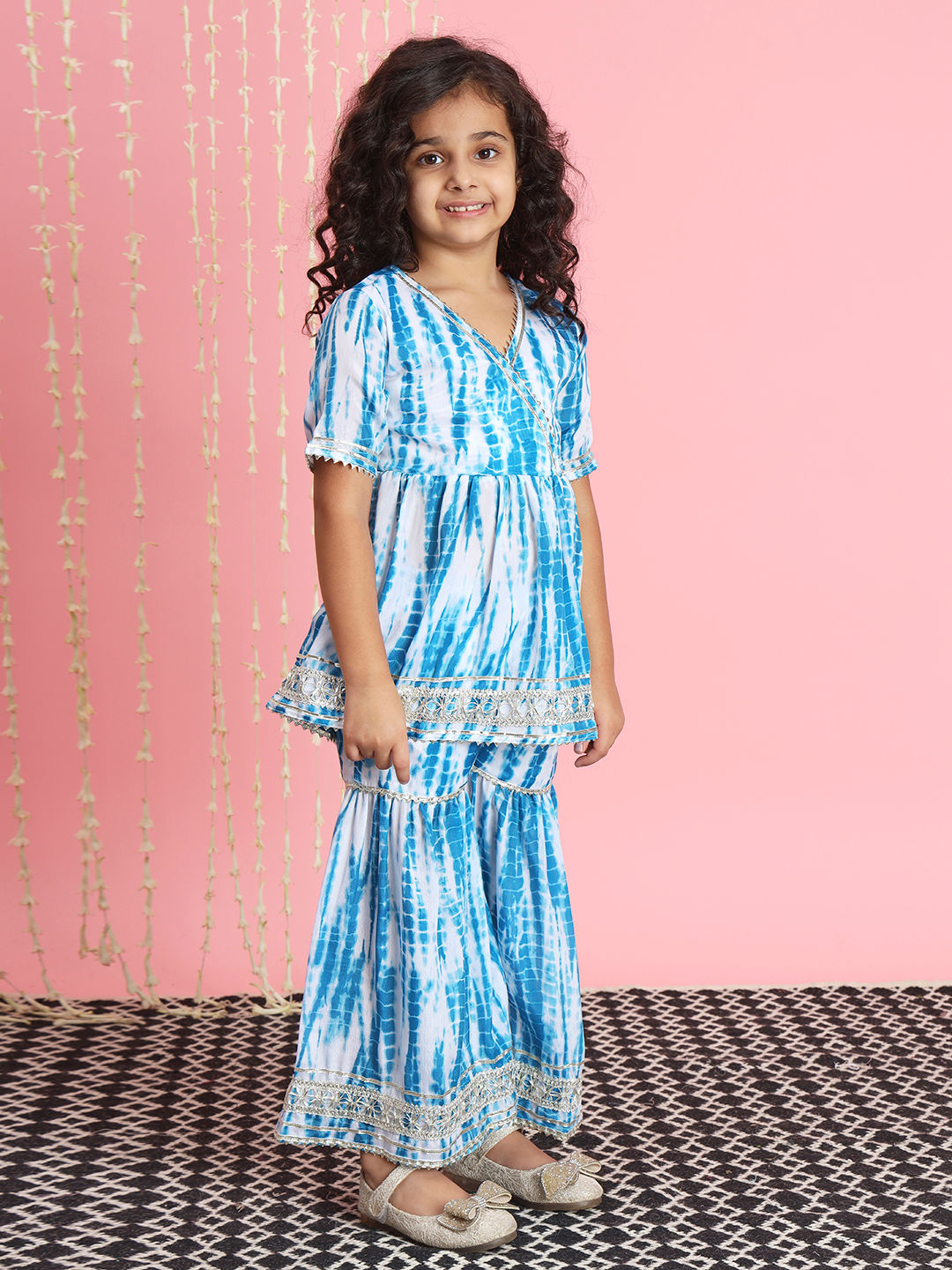 Frock Style Silk Fabric Blue Color Kurti And Sharara - Image 3