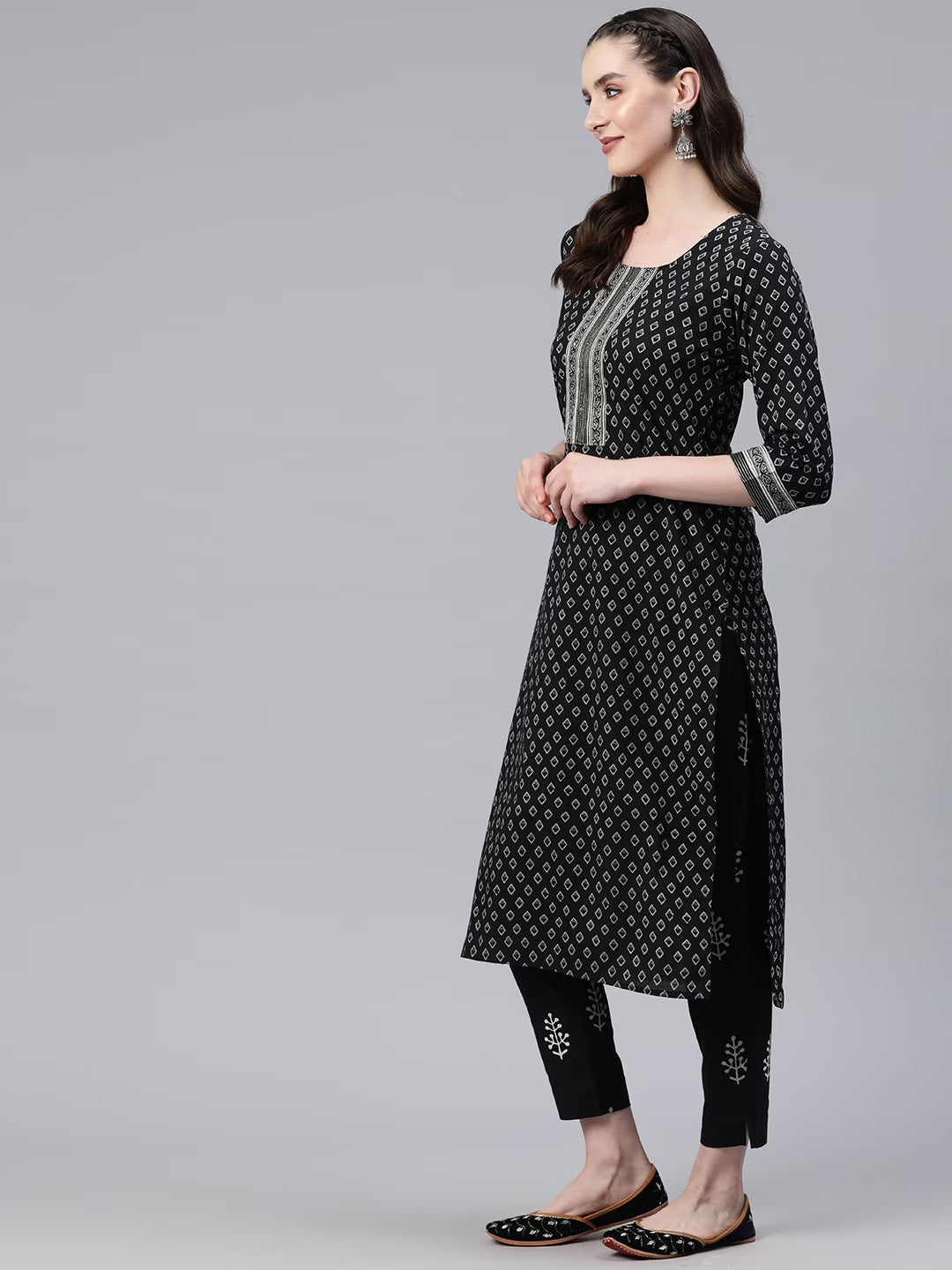 Straight Style Cotton Fabric Black Color Kurti And Bottom & Dupatta - Image 2