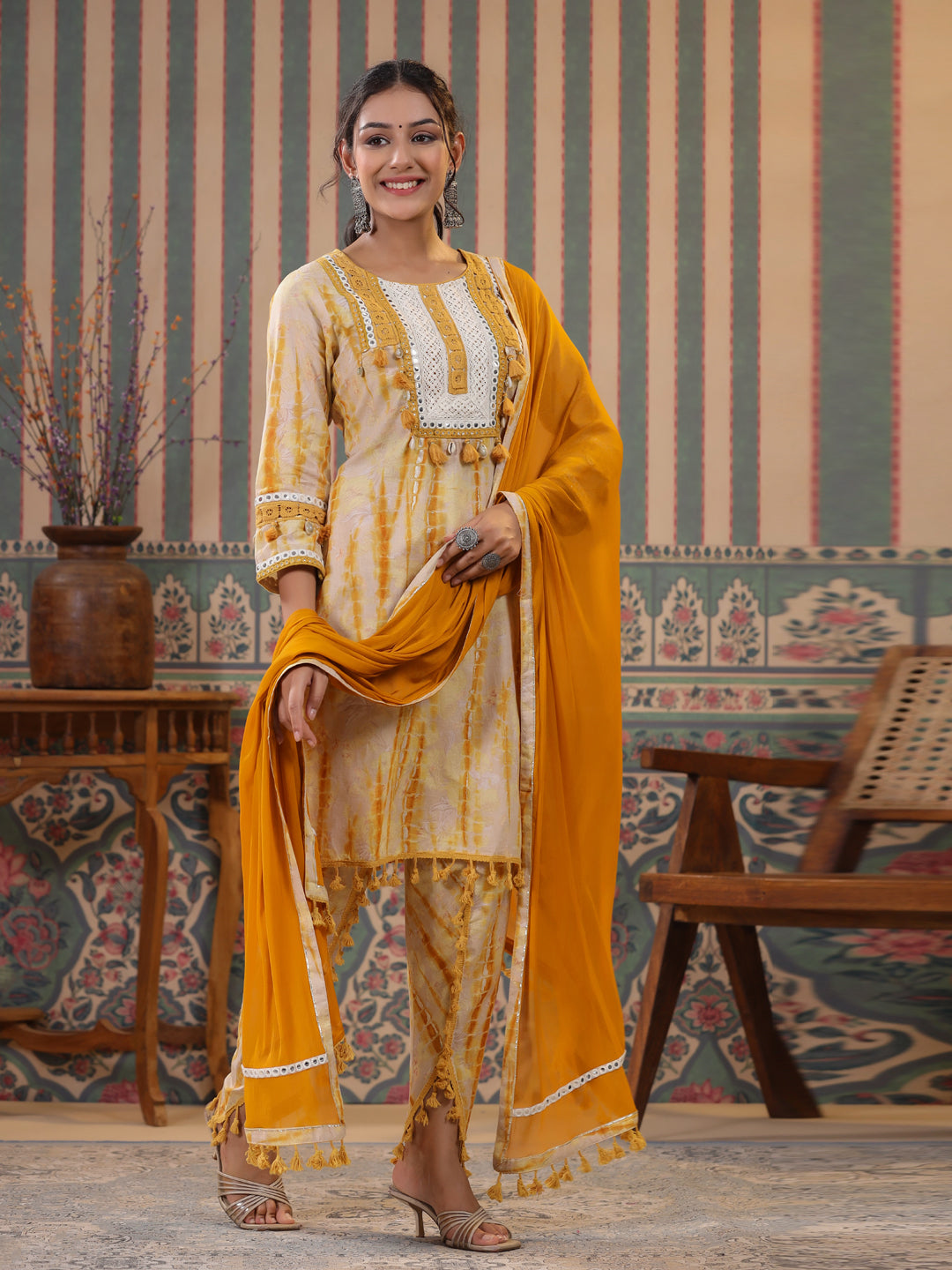 Straight Style Cotton Fabric Mustard Color Kurta And Bottom With Dupatta - Image 4