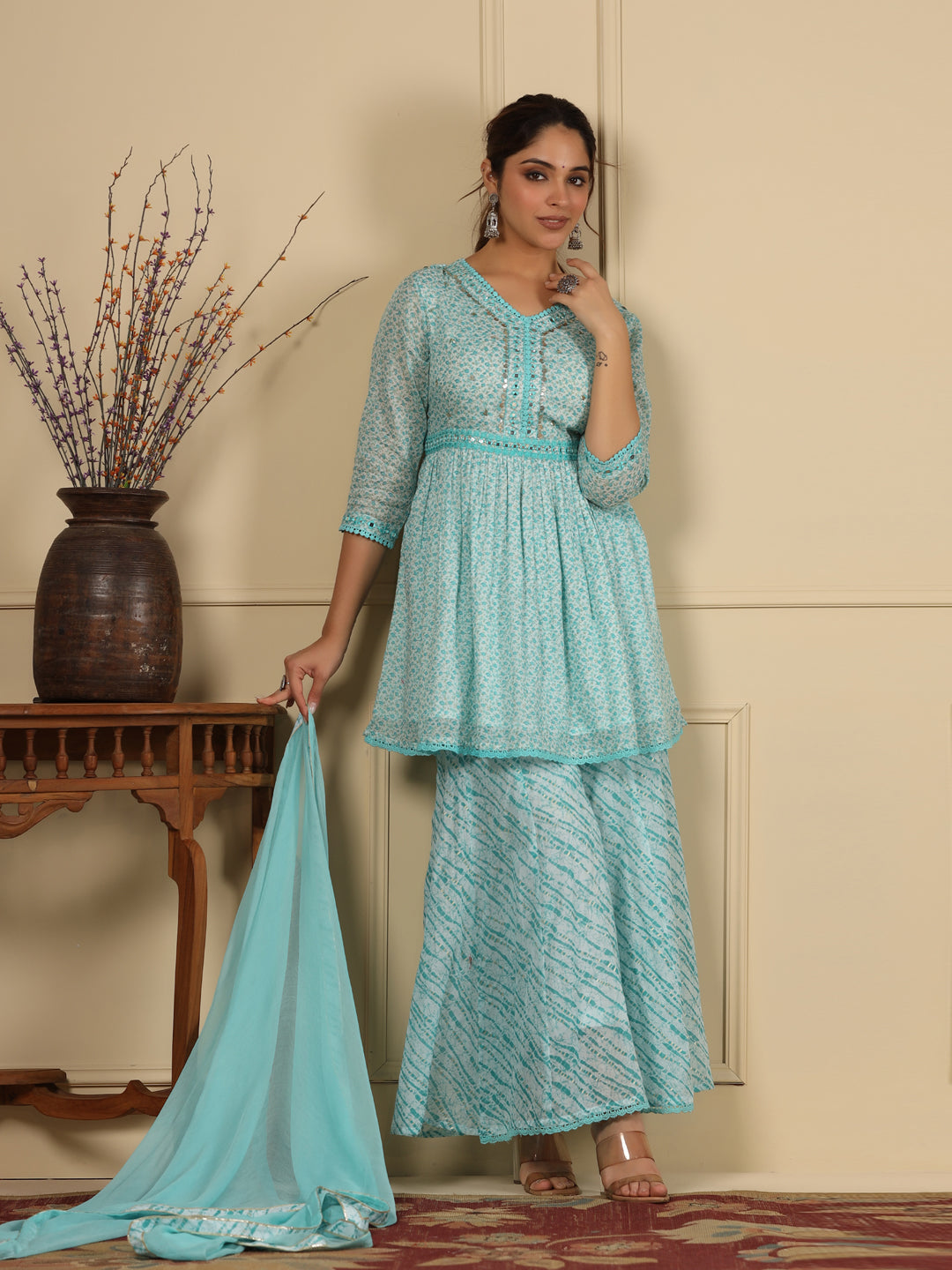 Flared Style Mulmul Cotton Fabric Blue Color Kurta And Bottom With Dupatta - Image 4