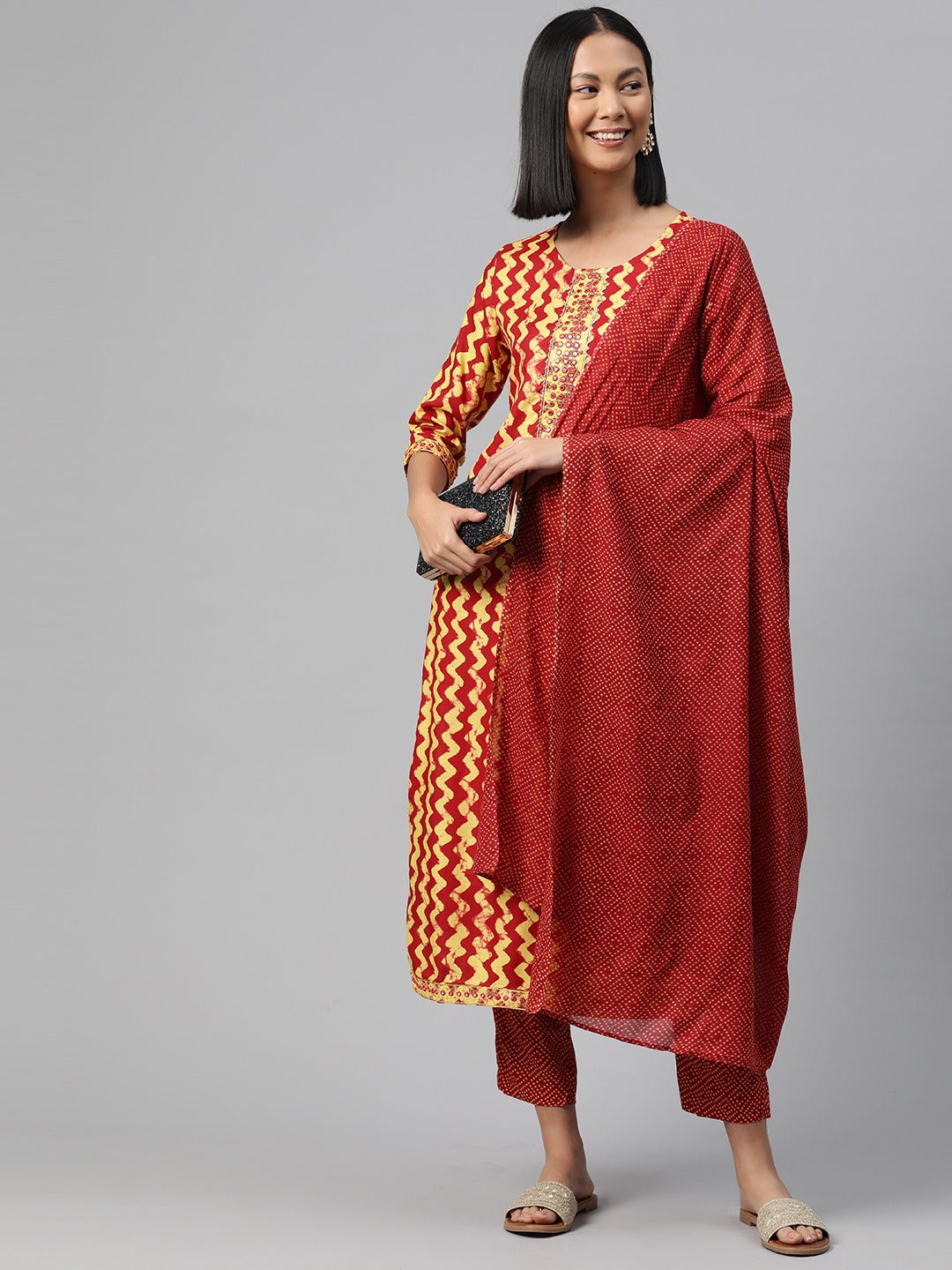Straight Style Rayon Fabric Red Color Kurta And Bottom With Dupatta - Image 2