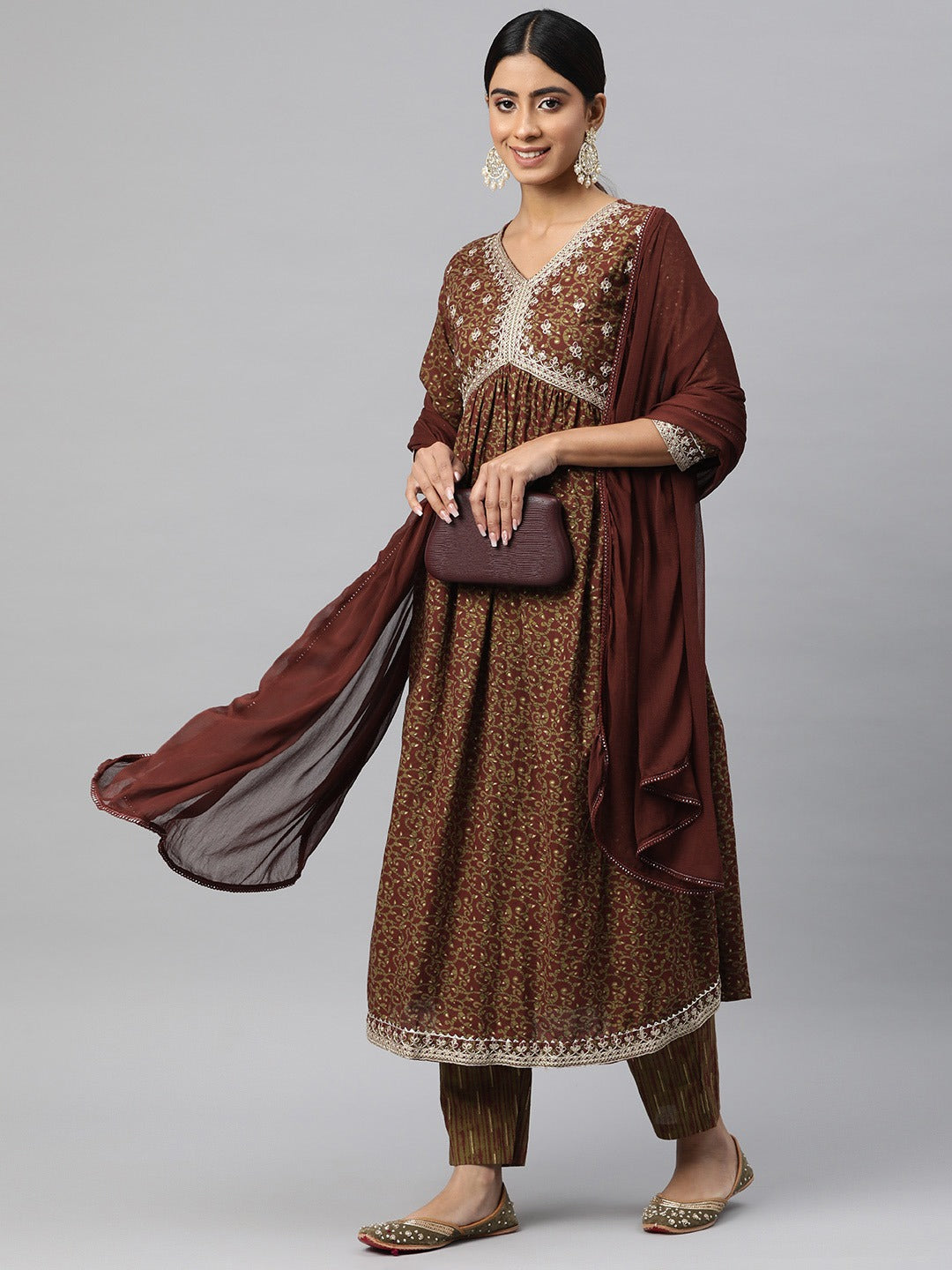 Flared Style Cotton Fabric Brown Color Kurta And Bottom With Dupatta - Image 2