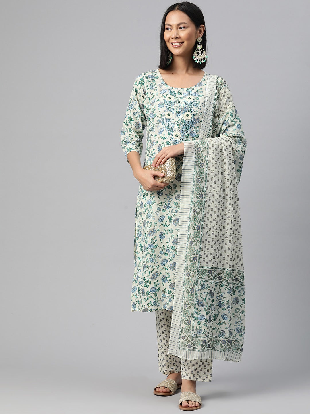 Cotton Floral Straight Kurta Pant And Dupatta - Image 2