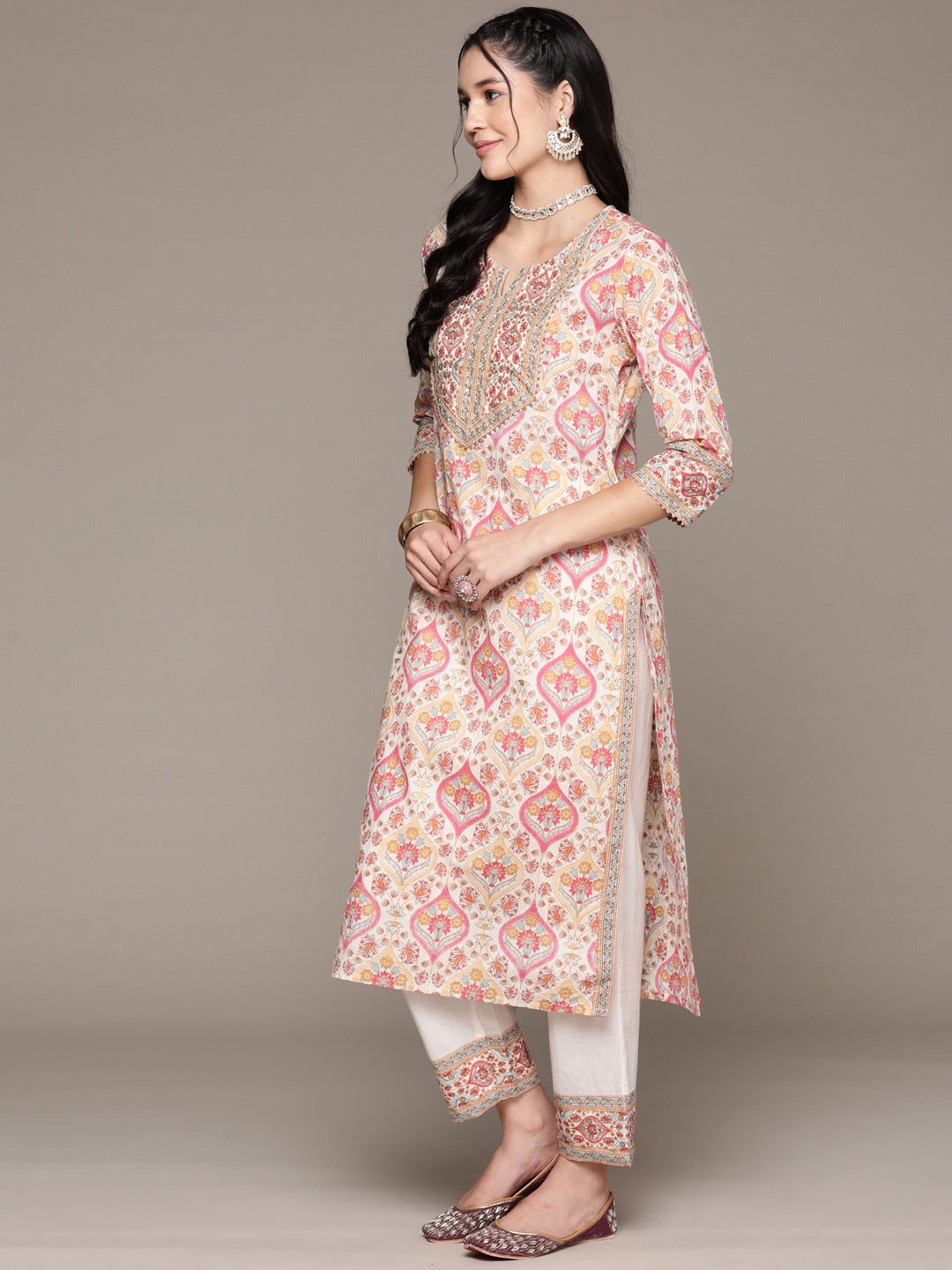 Straight Style Cotton Fabric Cream Color Kurta With Bottom And Dupatta - Image 3
