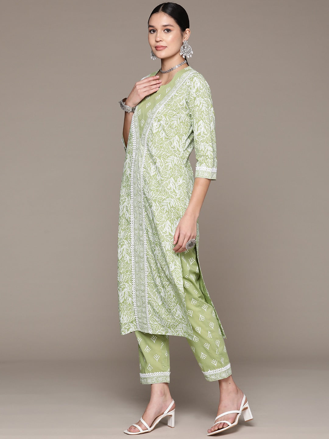 Straight Style Cotton Fabric Green Color Kurta With Bottom - Image 3