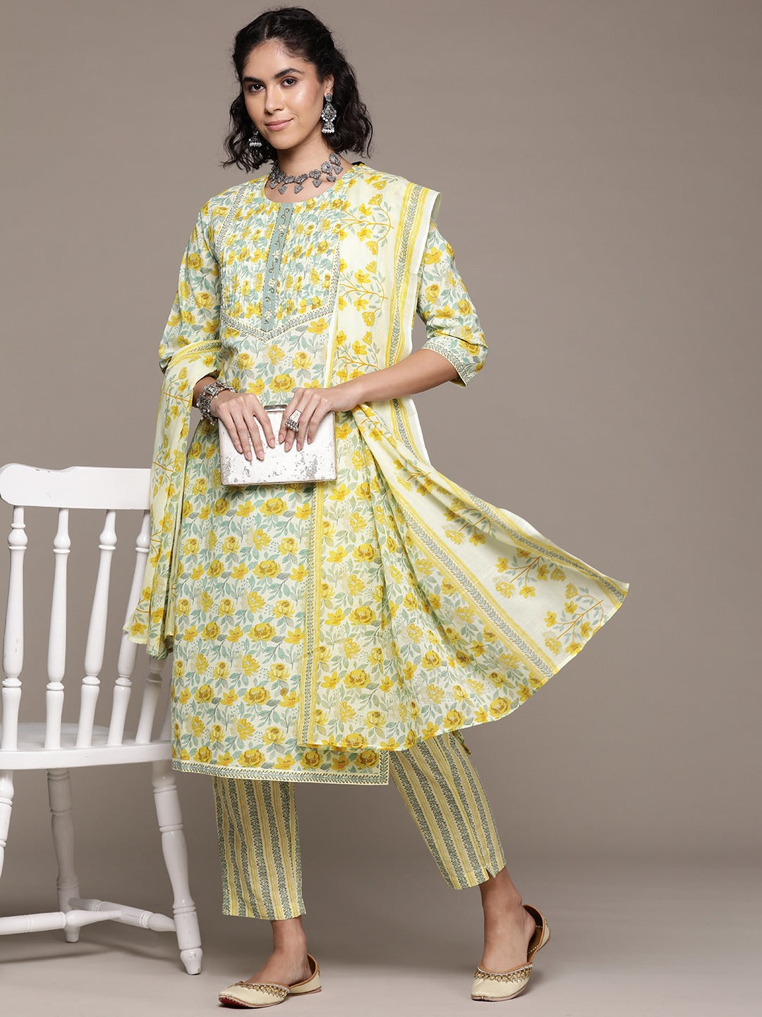 Straight style cotton fabric Yellow color kurta with Bottom and dupatta - Image 2