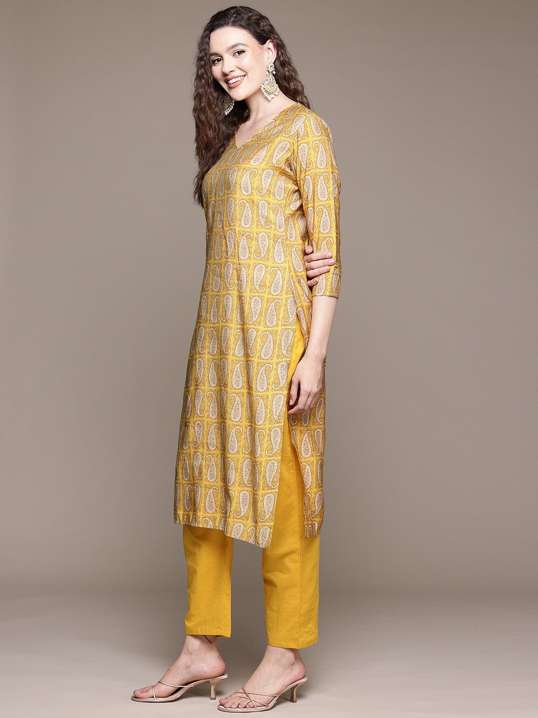 Straight Style Silk Fabric Mustard Color Kurta With Bottom And Dupatta - Image 3